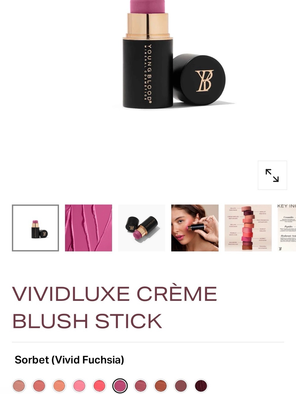 Youngblood Vividluxe Crème Blush Stick — Sorbet (Vivid Fuchsia)